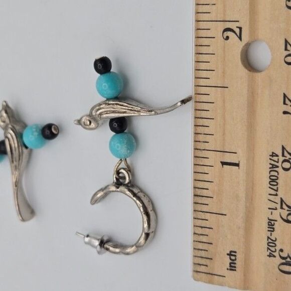 Vintage Silvertone Post Hoops Birds and Blue Beads Drop Dangle Earrings - Picture 6 of 6